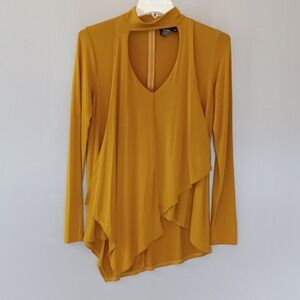 Karen Kane Mustard Yellow Cutout Mock Neck Draped Asymmetrical Top XS Lng Sleeve